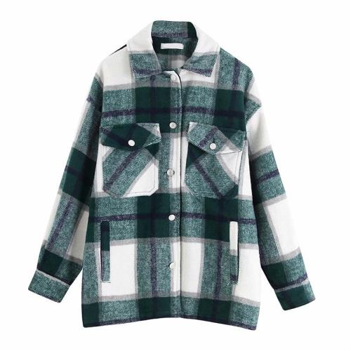 Plaid Overshirt Wool Blend Jacket Check Lapel Collar Long Sleeve Coat Women Oversized Pockets With Flaps Button Jackets Tops