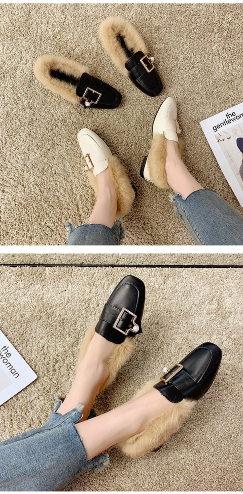 Women Flat shoes With Pearl 2020 women Loafers Buckle Female casual shoes Girls shoes Outdoor With fur
