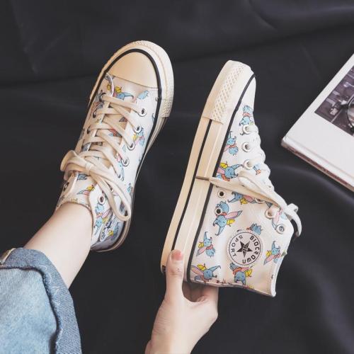 Spring 2021 New Women Canvas Shoes with Big Ears Small Flying Elephants Girls Sneakers Cartoon Animals High Top Trainers 35-40