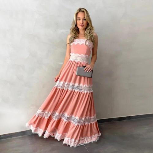 Spaghetti Strap Women Dress Sundress Summer Pink White Wedding Party Ladies Maxi Dress Sleeveless Patchwork Female Dresses D40