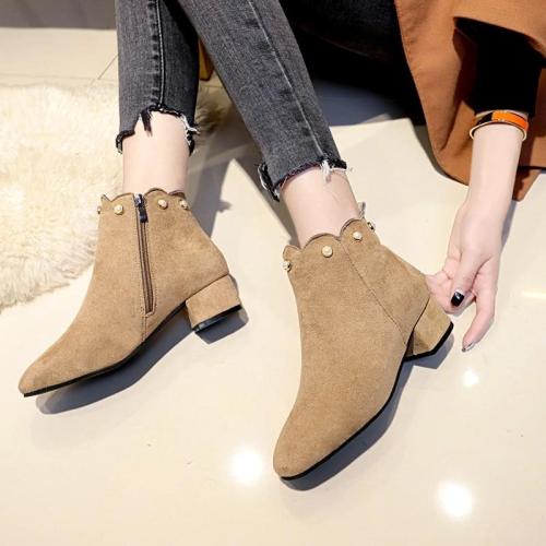 2020 Winter Shoes Snow Women Ankle Boots Bead Black Faux Suede Pearl Boots Wave botas mujer Zipper Chunky Heels botines 7745