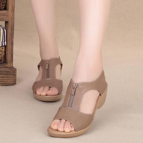 Summer New Women Sandals High Heel Wedges Leather Shoes Woman Solid Casual Zip Platform Sandals - 41 Ladies Shoes Plus Size 35