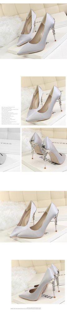 2019 Elegant Metal Carved Heels Women Pumps Solid Silk Pointed Toe Shallow Fashion High Heels 10cm Women's Wedding Shoes G0129