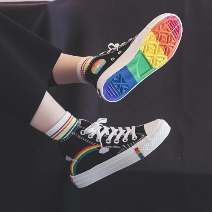 Women Vulcanized Shoes 2020 High Top Sneakers Women Shoes Rainbow Canvas Shoes Flats White Black Tenis Feminino Basket Femme
