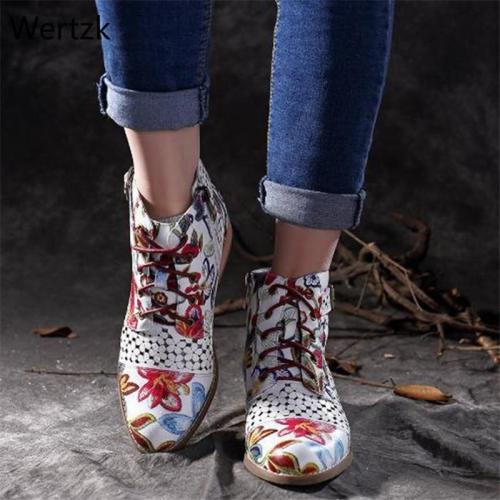 Ink Painting Flower Pattern Boots Women Cow Leather Splicing Lace-Up Stitching Shoes Botas Feminina Dames Laarzen Ankle BootA729