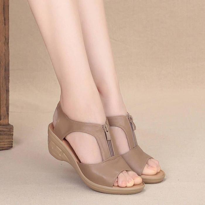 Summer New Women Sandals High Heel Wedges Leather Shoes Woman Solid Casual Zip Platform Sandals - 41 Ladies Shoes Plus Size 35