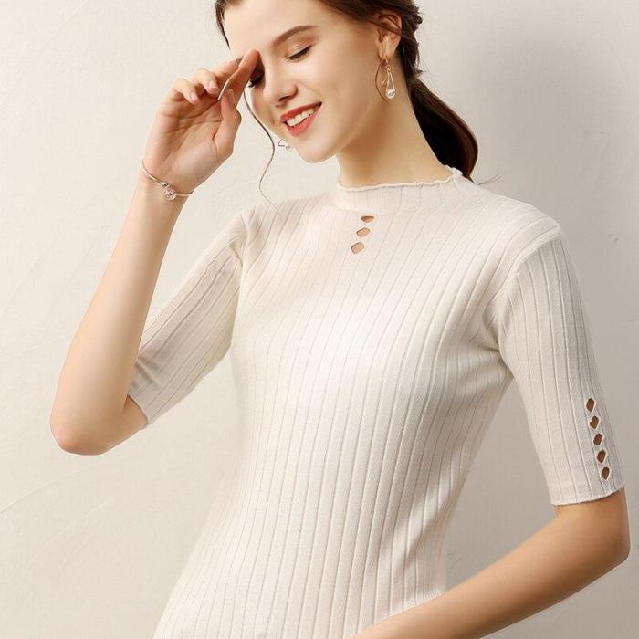 women knit sweater tops half sleeves hollow O-neck autumn female  pollover core yarn high quality ladies soft thin pullovers