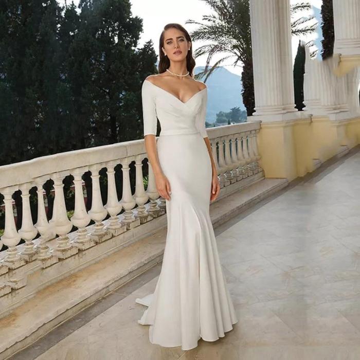 Eightree V Neck Off the Shoulder Mermaid Wedding Dress 2020 Ivory/White Half Sleeves Bride Long Dress Chapel Train  Trumpet Gown