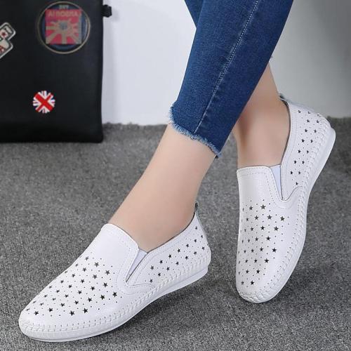 Spring Women Casual Flat Shoes Genuine Leather Ballet Flats Shoes Ladies Cut Out Slip On Brand Loafers Boat Shoes 56ty