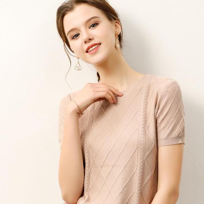 T Shirt Women Tops Short style geometric pattern style shirts Casual female knitting sweater short sleeves Tee