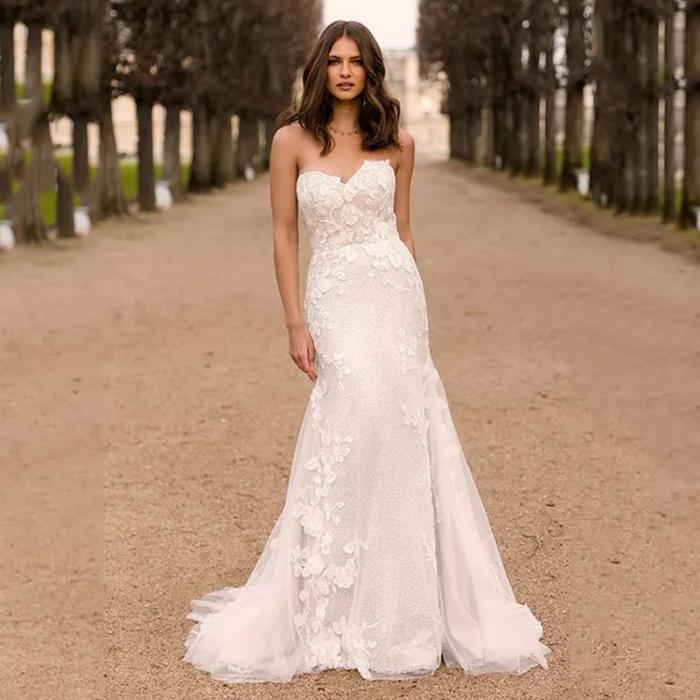 Eightree Flower Lace appliques Wedding Dress Mermaid Tulle Strapless Bride Gown robe de soiree Backless Beach Wedding Dress 2020
