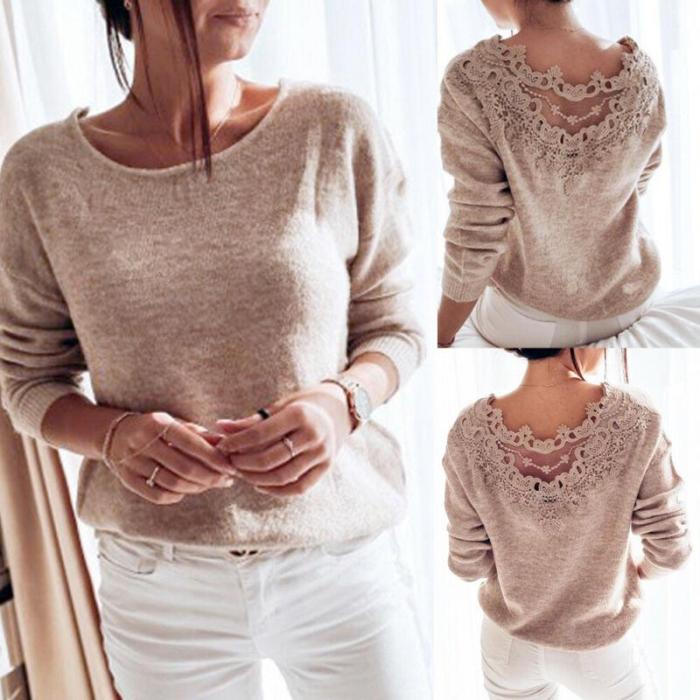 Autumn Womens Clothes Sexy Elegant Lace Stitching Backless Pullover Woman Sweater Long Sleeve Jumper Top Knitted Sweater Bodycon