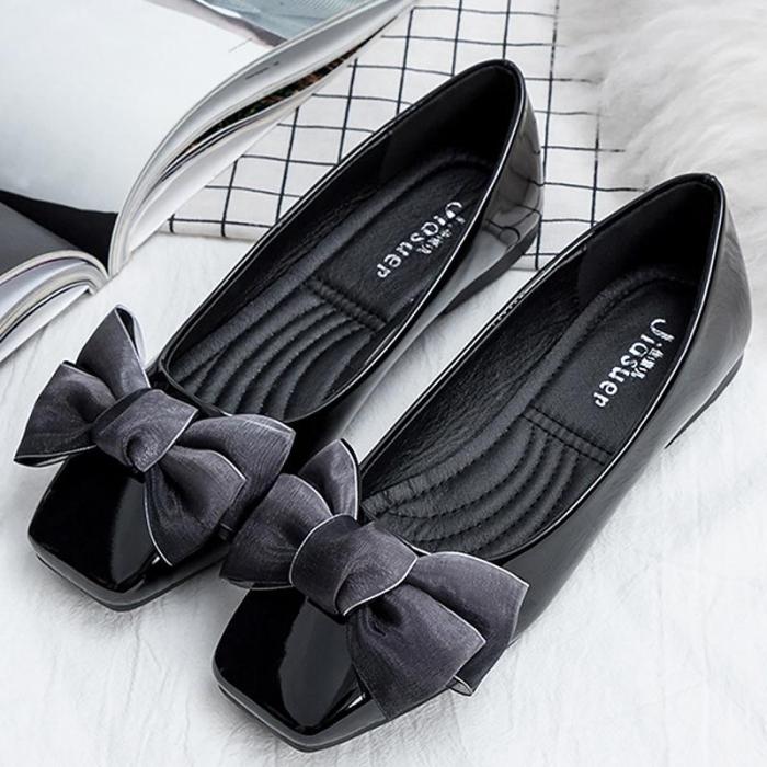 Flat shoes women fashion butterfly-knot square toe party leather ballet flats big size 4.5-9 shallow ladies flat shoes