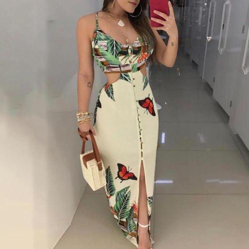 Floral Printed Lady Summer Dress Butterfly Spaghetti Strap Cami Women Dress Fashion Button Sleeveless Contrast Female Dress D30