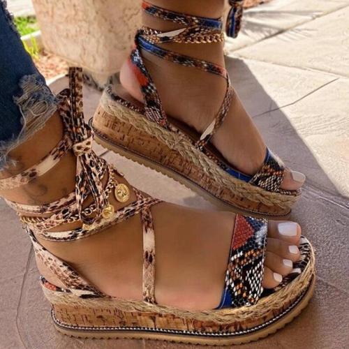 2020 Wedges heels Fashion Wholesale Shoelaces Snake Printed Summer INS Hot Shoes Women Sandals Big Size