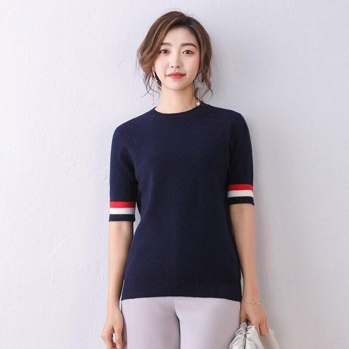 female shirt white knitted pullover short sleeves spring warm fashion women tops round neck short casual wool