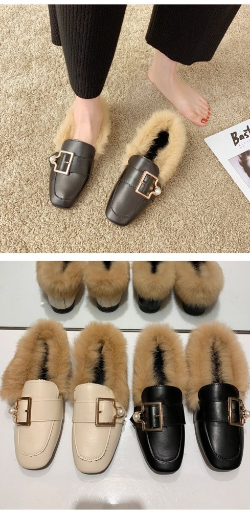 Women Flat shoes With Pearl 2020 women Loafers Buckle Female casual shoes Girls shoes Outdoor With fur