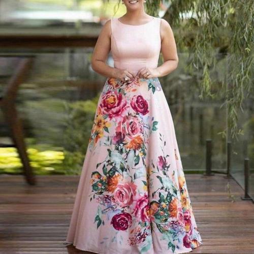 Pink Woman'S Summer Dress Floral Printed Ladies Maxi Dress Sleeveless Fashion A-Line Bodycon Female Wedding Party Dress D40