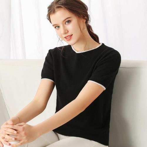 Women summer knitting T-shirts with white edge short sleeves O-neck solid 35% real Cashmere sweater fashion ladies Tops