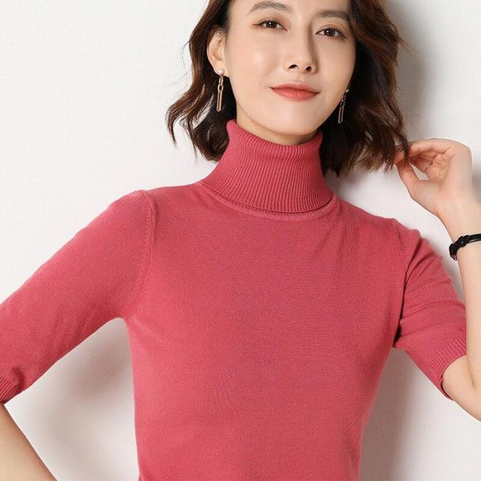 spring shirt turtleneck half sleeves pullover soft knitting sweater solid short tops sexy slim outerwear