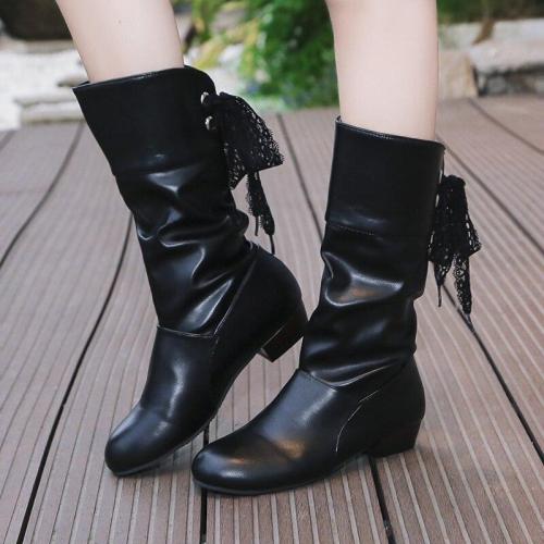 Plus Size 35-43 Women Knee-High Boots Back Lace Up Low Heels Winter Shoes Black Boot White Botas Mujer Female Snow Boot Red 7833
