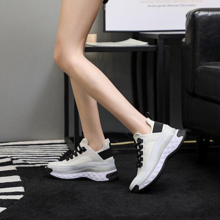 Women White Sneakers Fashion Flat-bottomed Slope Heel Sports Women's Shoes Spring Autumn New Leather Lace-up Casual Shoes Women