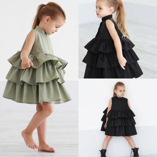 Summer Cute Black Green Ball Gown Girls Dresses Kid Girl Party Dress Sleeveless O Neck Cake Ruffled Tutu Bubble Dress 2-6T