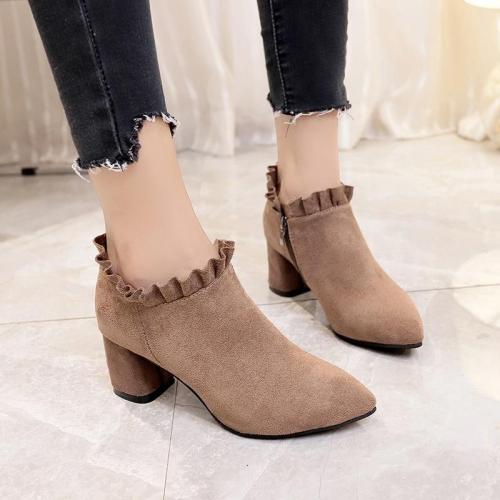 2020 Winter Shoes Woman Ruffles Boots Side Zip Ankle Boots Black High Heels botas mujer chunky Heels Bare botines 7674