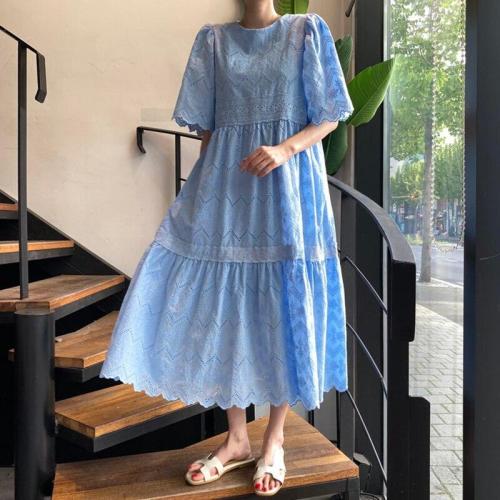 SHENGPALAE Korean Summer French Round Neck Lace Embroidered Hollow-out Pattern Bubble Sleeve Loose Short Sleeve Dress ZT1049