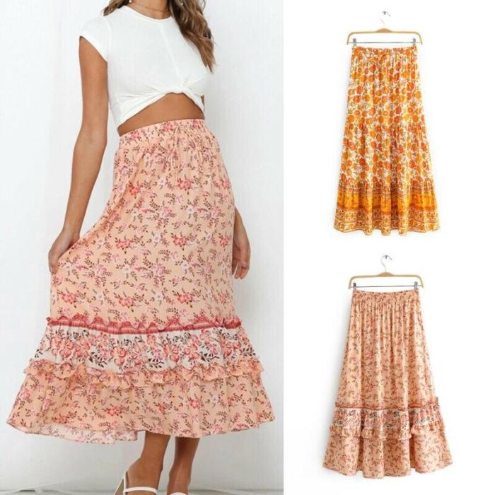 Women Boho Pleated Retro Elastic High Waist Evening Party Floral Printed Fashion Holiday Skirt Sundress