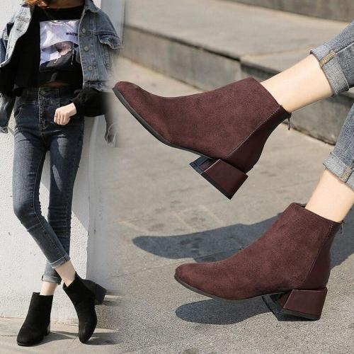 Plus Size Women Ankle Boots Faux Suede Chunky Heels Black Basic Boot botas mujer Zip Patchwork Winter Shoes zapatos mujer N7865