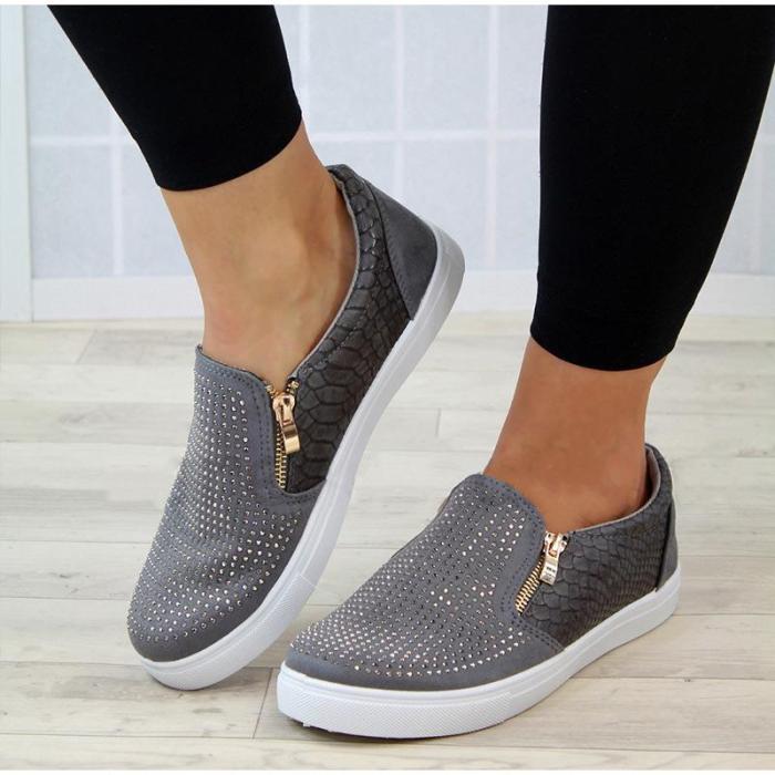 Women Flat Shoes Zipper Crystal Girls Shoes Breathable Slip On Loafers Glitter Leather Moccasins Women Casual Flat Shoes Female