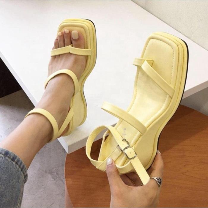 Solid Summer Slingback Women Wedge shoes Square Clip Toe Sandals For Ladies Light Weight Ankle Buckle Strap Women Shoes