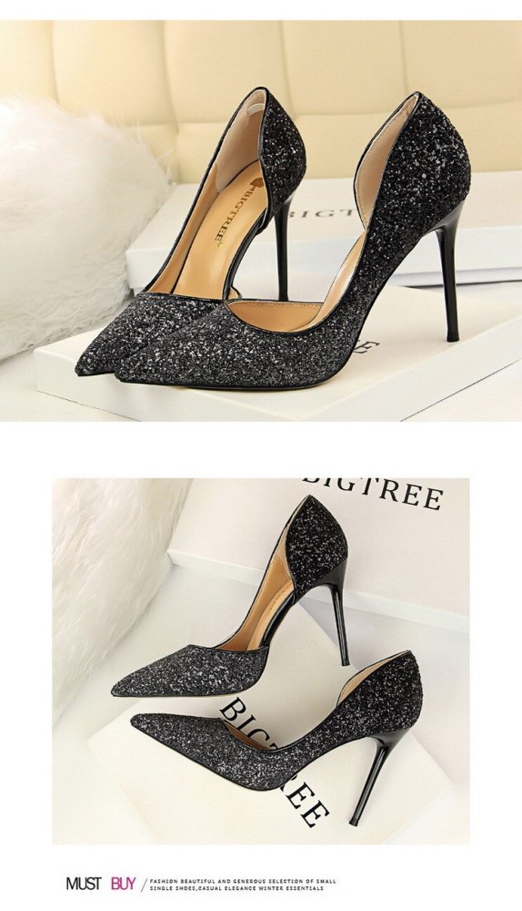Women Pointed Toe Sexy Nightclub Thin Heels Gradient Color Sequin Side Hollow Single Shoes Wedding Pumps G0043
