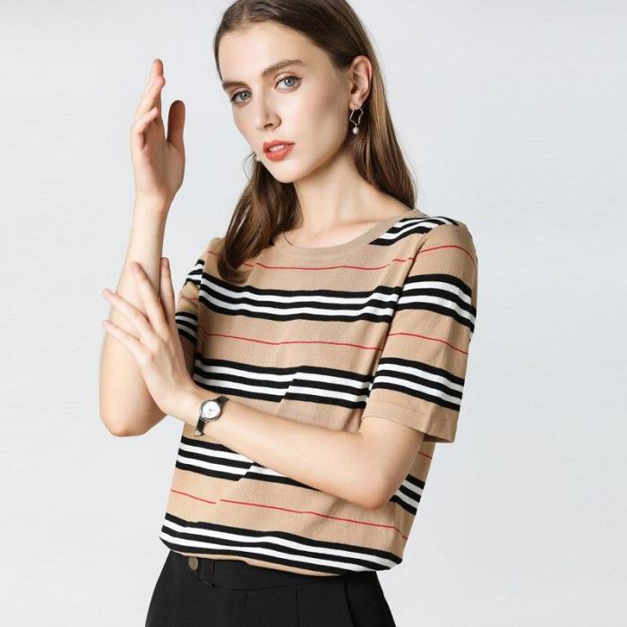tshirt women summer fall knitted striped short sleeves o-neck eenagers tops stylish fashionable T-shirts pullover