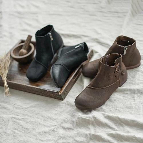 2020 Short Boots Leather Ankle Boots Women Side Zipper Women Shoes Comfortable Flat Heel Shoes For Female Zipper Boots Woman
