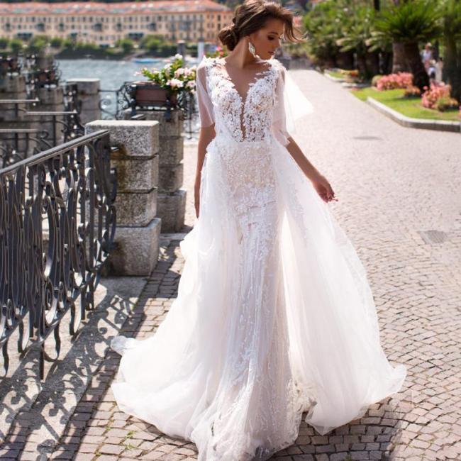Eightree 3D Flowers Detachable Train Mermaid Wedding Dress Vintage V-neck Lace Appliques Bridal Gown Vestido de novia