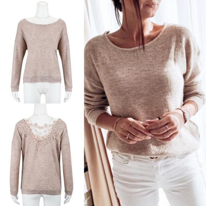 Autumn Womens Clothes Sexy Elegant Lace Stitching Backless Pullover Woman Sweater Long Sleeve Jumper Top Knitted Sweater Bodycon