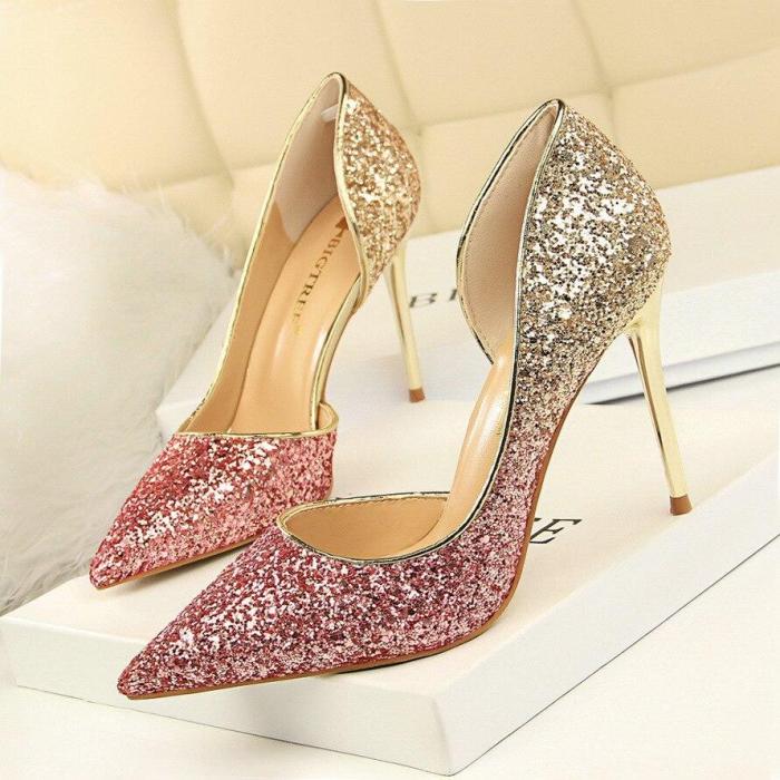 Women Pointed Toe Sexy Nightclub Thin Heels Gradient Color Sequin Side Hollow Single Shoes Wedding Pumps G0043