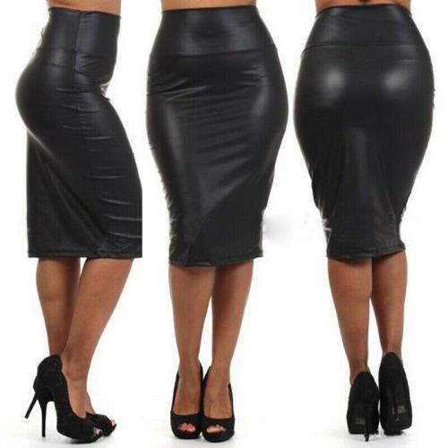 Women Faux Leather Slim Skirt Bandage Body con Vintage High Waist Solid Color Evening Party Pencil Skirts