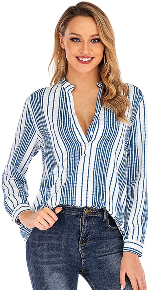Womens Casual V Neck Striped Collared Roll-up Long Sleeve Button Down Blouses Shirts Top with Pockets