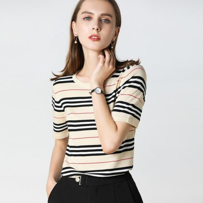 tshirt women summer fall knitted striped short sleeves o-neck eenagers tops stylish fashionable T-shirts pullover