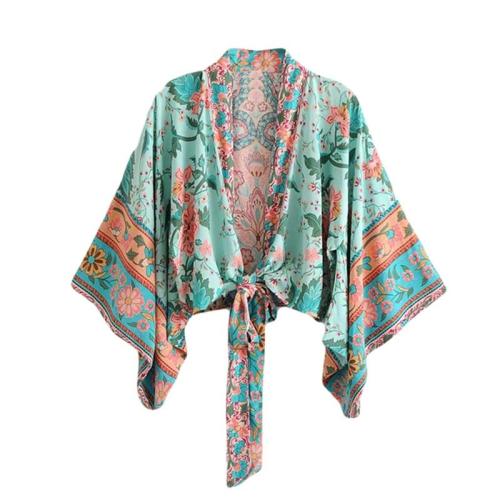 Boho Vintage  Floral Print Sashes short  Kimono Women 2020 New Fashion V Neck batwing Sleeves Ladies Blouses Casual Blusas