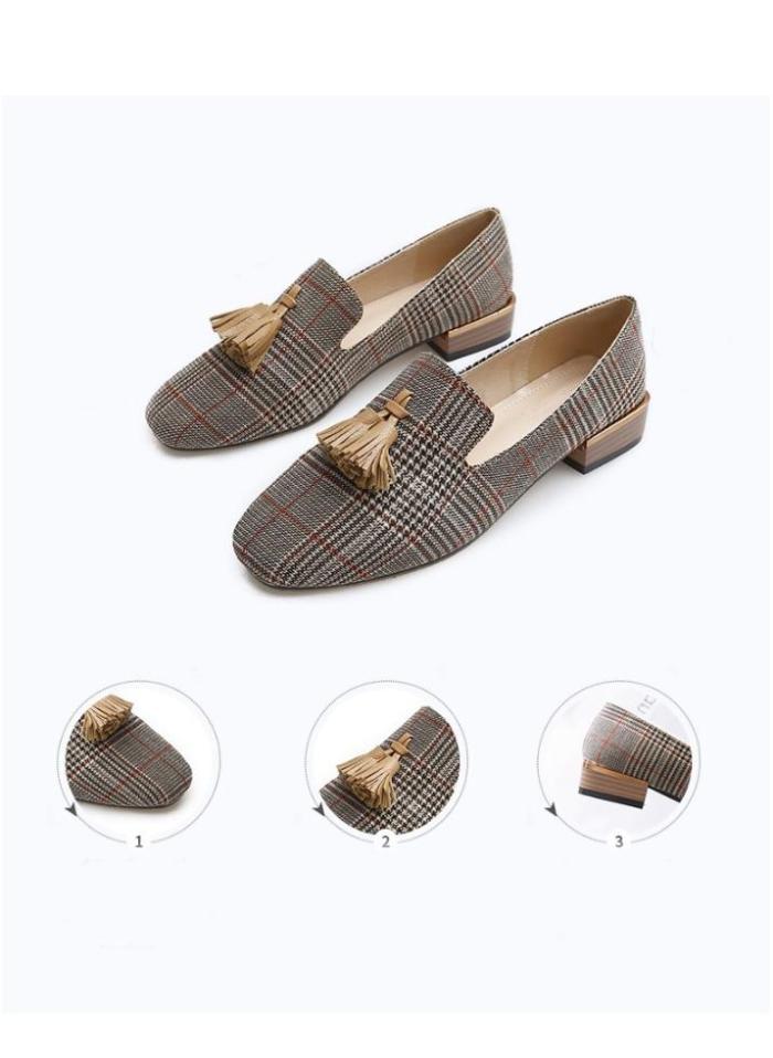 Plaid Fashion Flats shoes women Square Toe Fringes Casual loafers for girls Large size 4-10.5 Comfortable Flat shoes