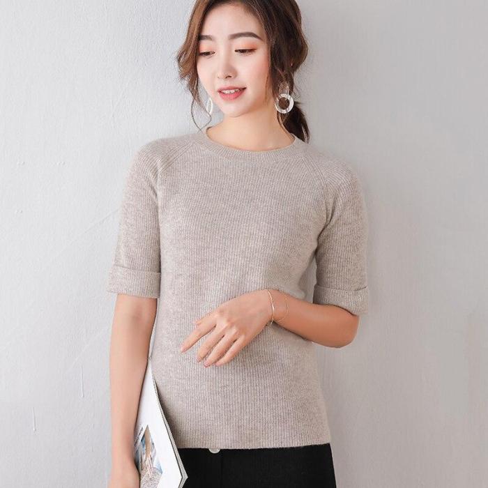 real wool sweater womens half sleeves soft spring pullover round neck solid casual fashion girls  female sweaters