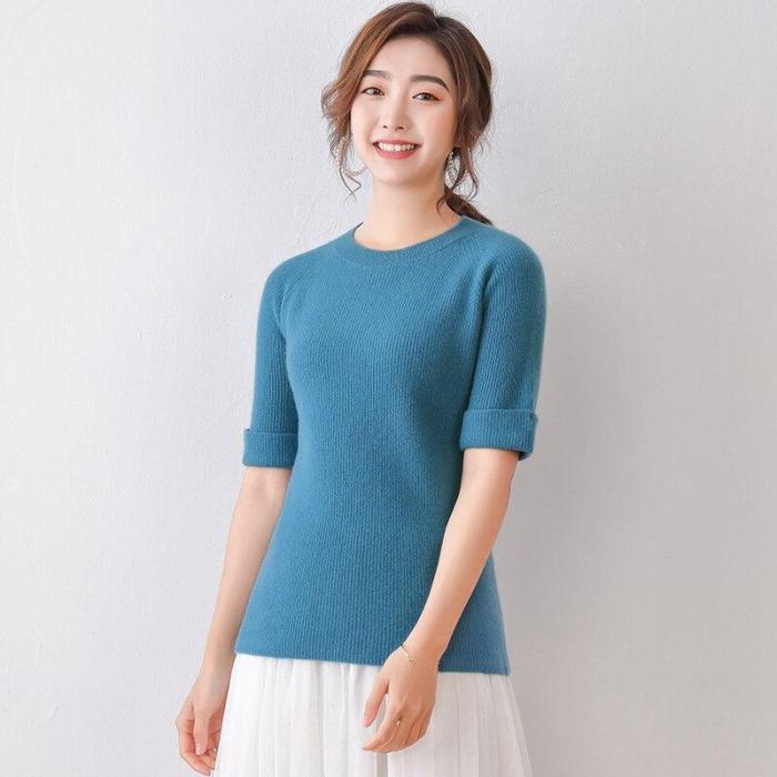 real wool sweater womens half sleeves soft spring pullover round neck solid casual fashion girls  female sweaters