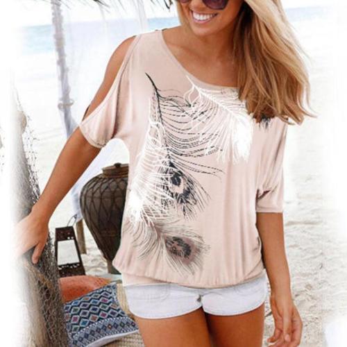 2020 Women Casual Summer T Shirt Short Batwing Sleeve Loose Tops Cold Shoulder Feather Print Tee shirt Plus Size T-Shirt