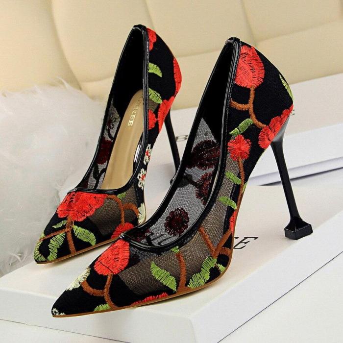 Pumps Women 10CM Thin High Heel Shallow Mouth Pointed Toe Flowers Mesh Lace Mesh Sexy Nightclub Shoes Women G0067
