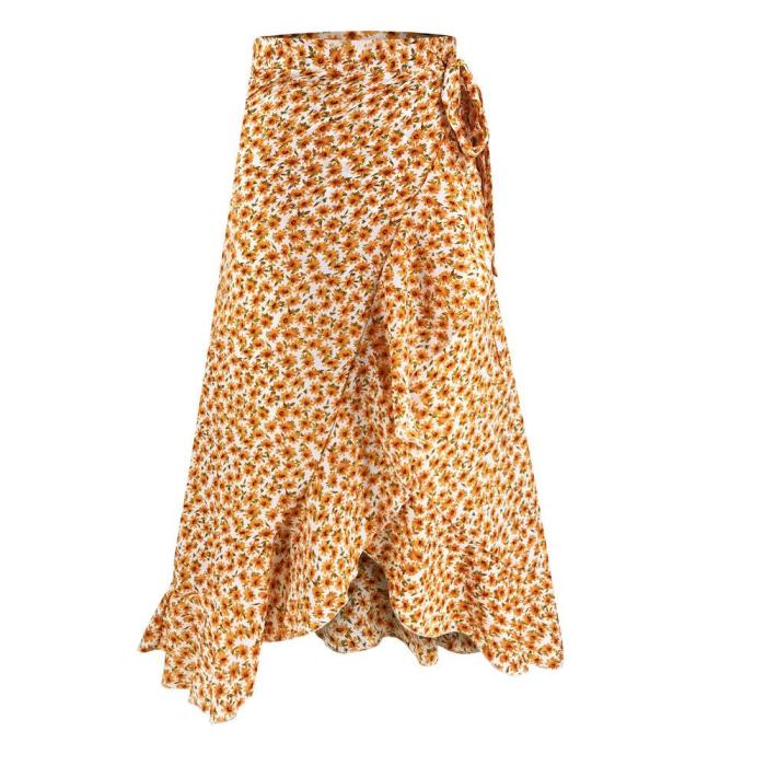 Casual boho maxi wrap skirt women 2020 ruffle slit long summer skirts sexy beach holiday print floral split skirt Bottoms