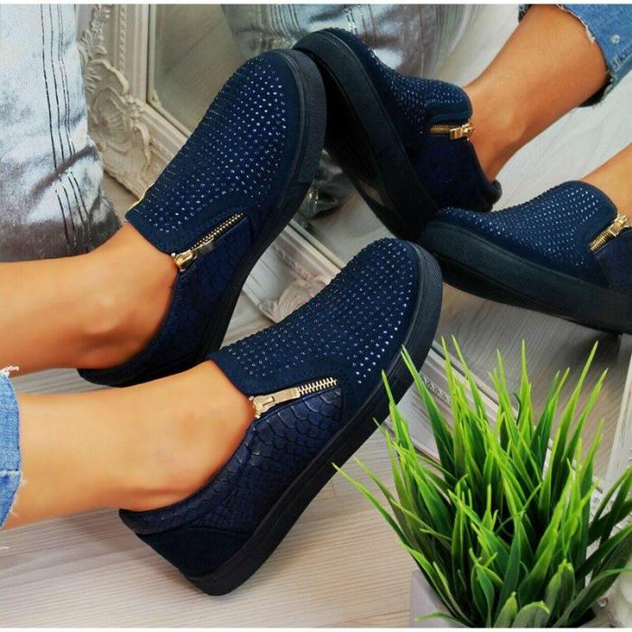 Women Flat Shoes Zipper Crystal Girls Shoes Breathable Slip On Loafers Glitter Leather Moccasins Women Casual Flat Shoes Female